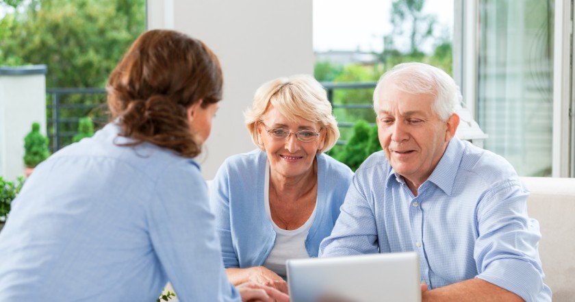 A daughter discusses caregiving options with her elderly parents.