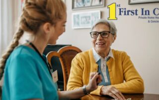 A senior woman enjoys the benefits of private duty care as her caregiver checks in on her in Bradenton, FL