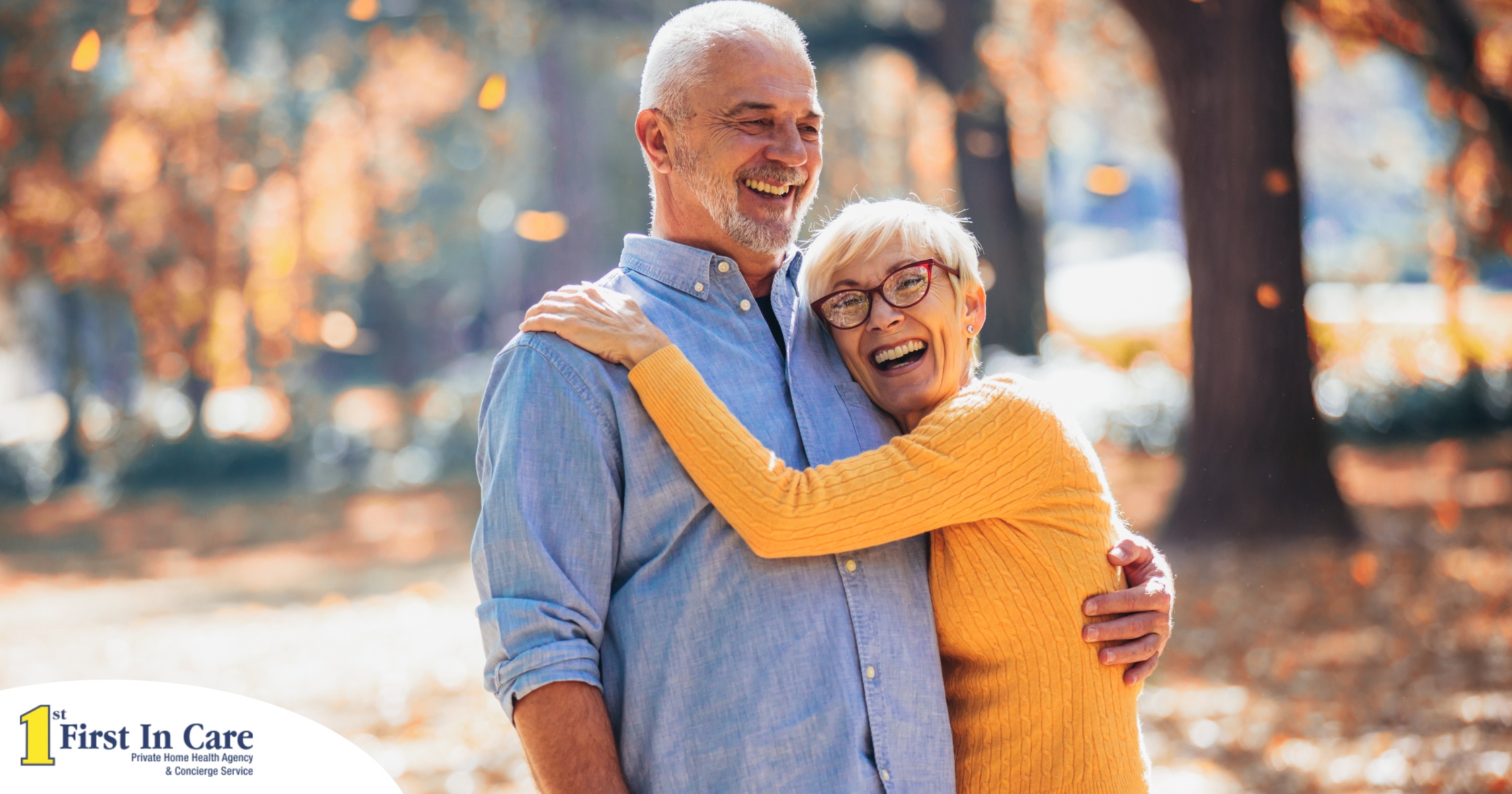 An older couple enjoys being outside in the fall, representing the idea of different fall activities for seniors.