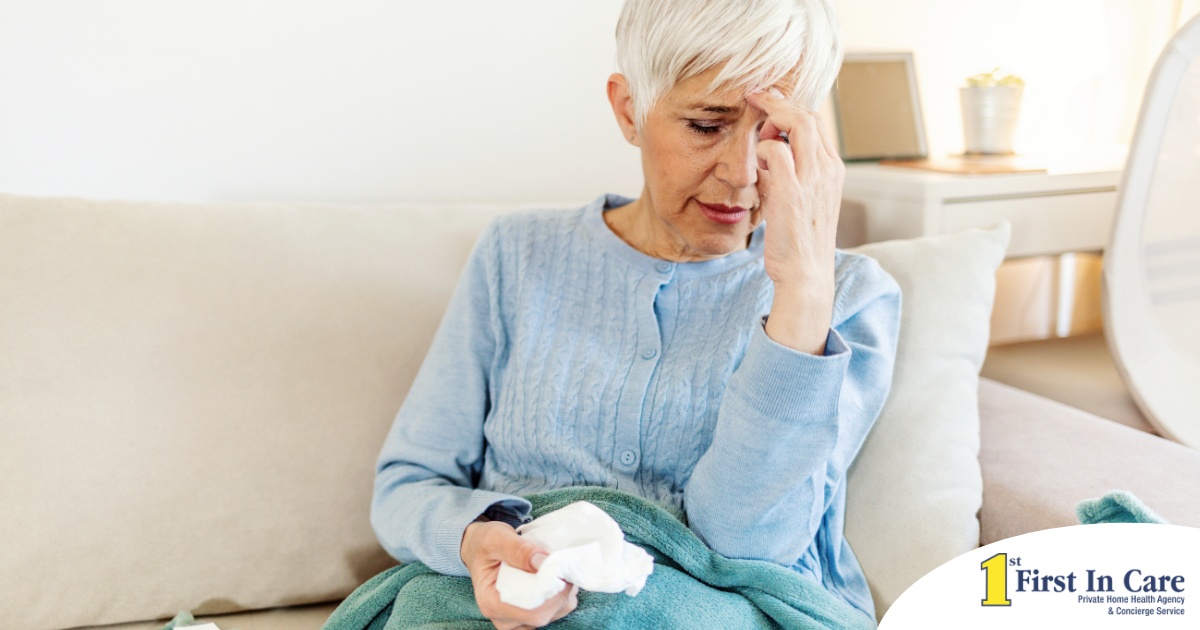 An older sick woman represents what family caregivers want to avoid, especially during flu season.