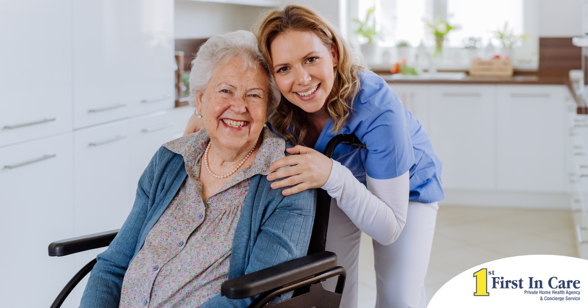 A caregiver enjoys her job as she smiles with a happy client representing the joy that can come from a home care career.