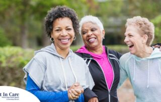 3 older women enjoy their time staying active together representing how a longer healthspan can help with staying active and engaged longer.